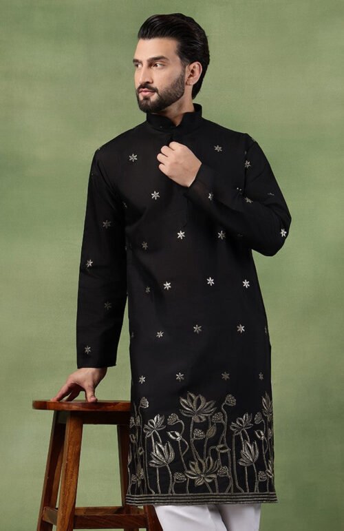 Men's Cotton Floral Zari Embroidered Black Long Kurta