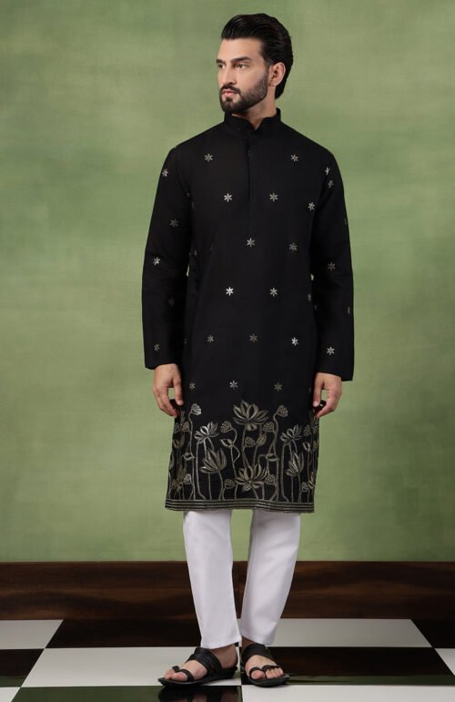 Men's Cotton Floral Zari Embroidered Black Kurta and White Pyjama