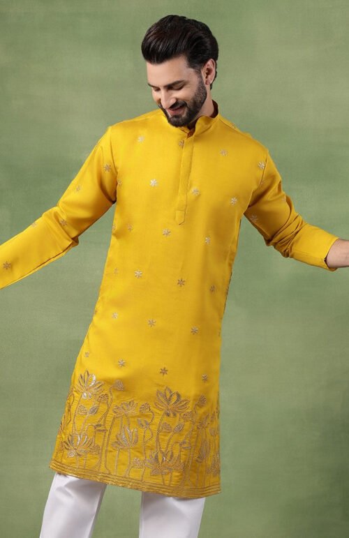 Men's Cotton Floral Zari Embroidered Mustard Long Kurta