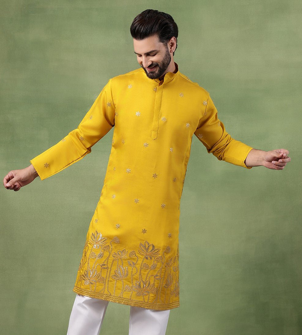 Men's Cotton Floral Zari Embroidered Mustard Long Kurta