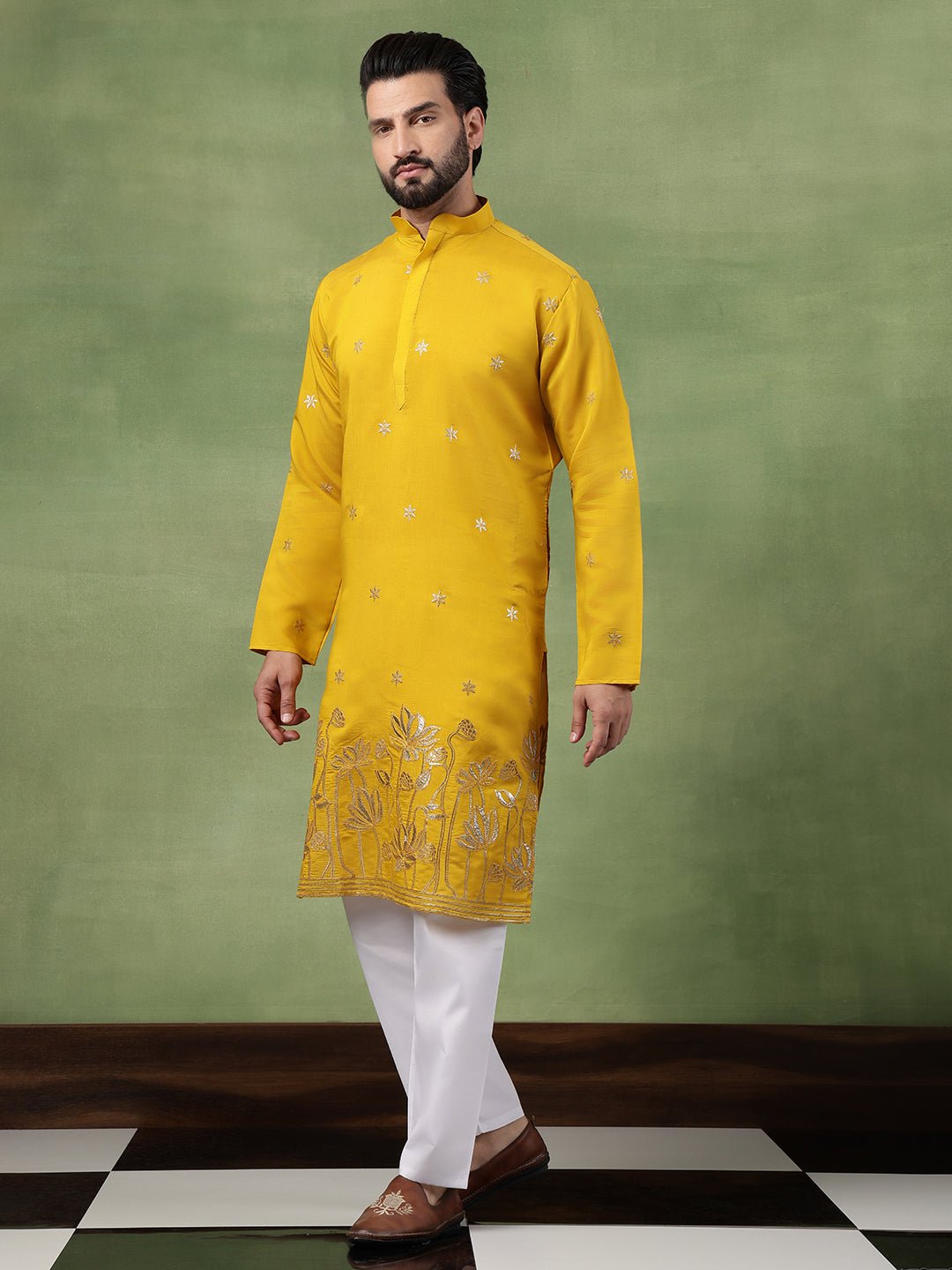 Men's Cotton Floral Zari Embroidered Mustard Long Kurta - Image 2