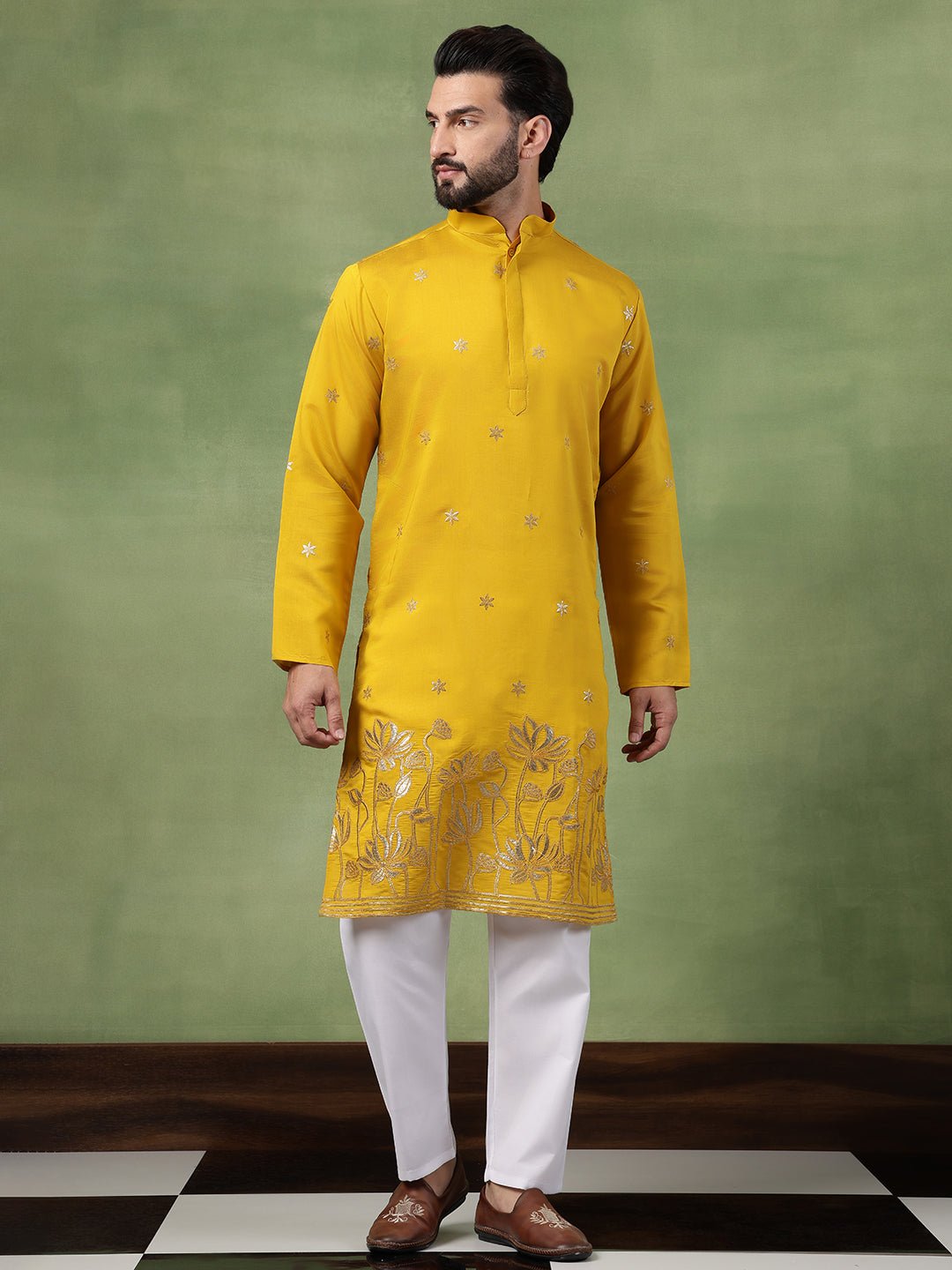 Men's Cotton Floral Zari Embroidered Mustard Long Kurta - Image 6
