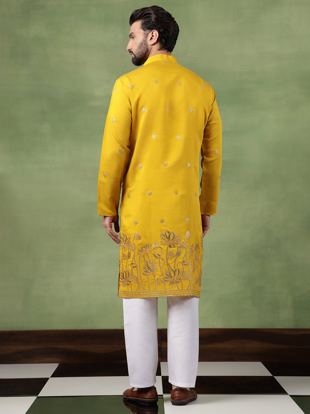 Men's Cotton Floral Zari Embroidered Mustard Kurta and White Pyjama - Image 2