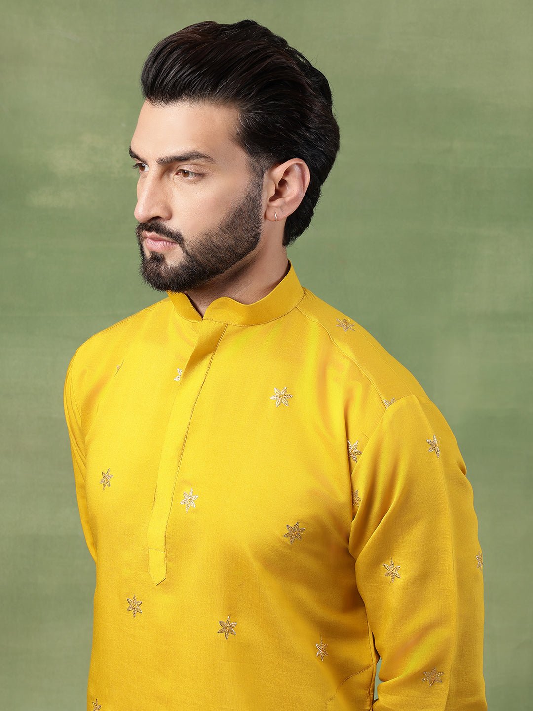Men's Cotton Floral Zari Embroidered Mustard Kurta and White Pyjama - Image 6
