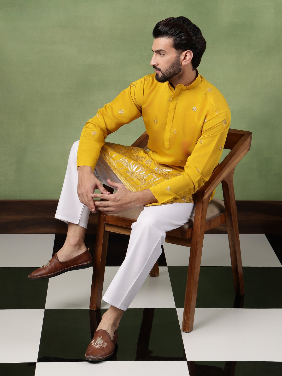 Men's Cotton Floral Zari Embroidered Mustard Kurta and White Pyjama - Image 3