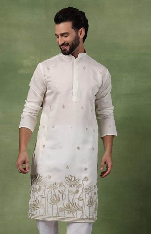 Men's Cotton Floral Zari Embroidered Cream Long Kurta