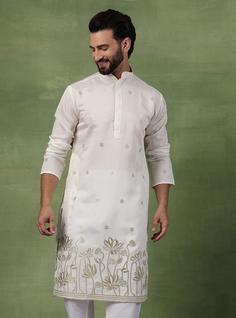 Men's Cotton Floral Zari Embroidered Cream Long Kurta