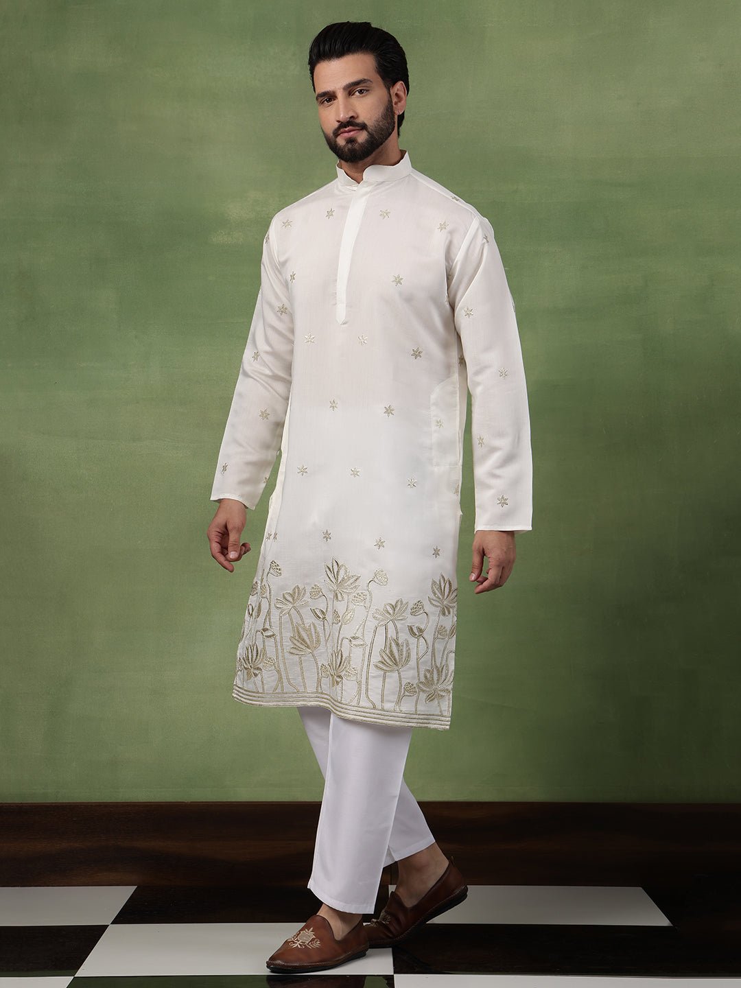 Men's Cotton Floral Zari Embroidered Cream Long Kurta - Image 2