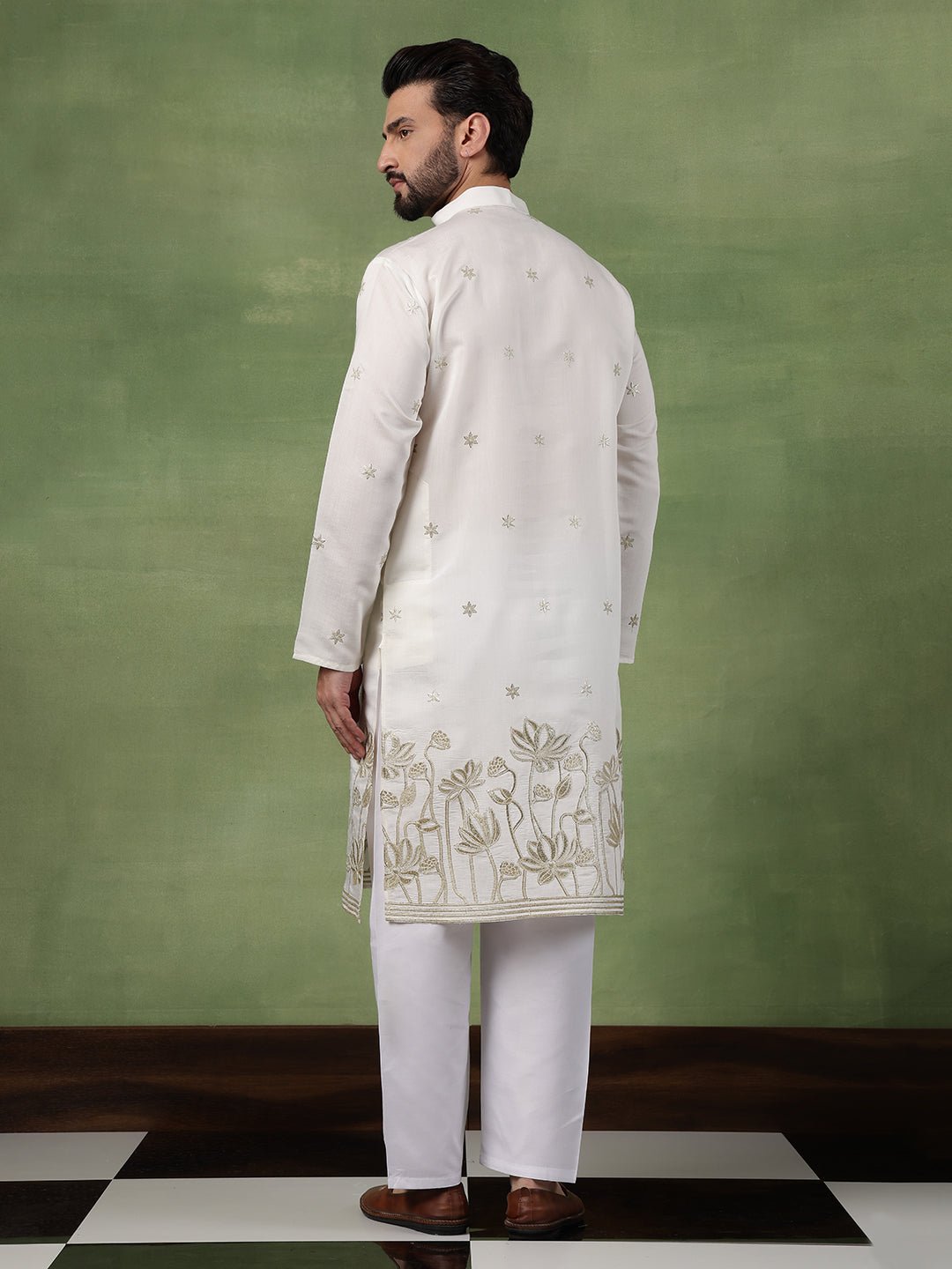 Men's Cotton Floral Zari Embroidered Cream Long Kurta - Image 4