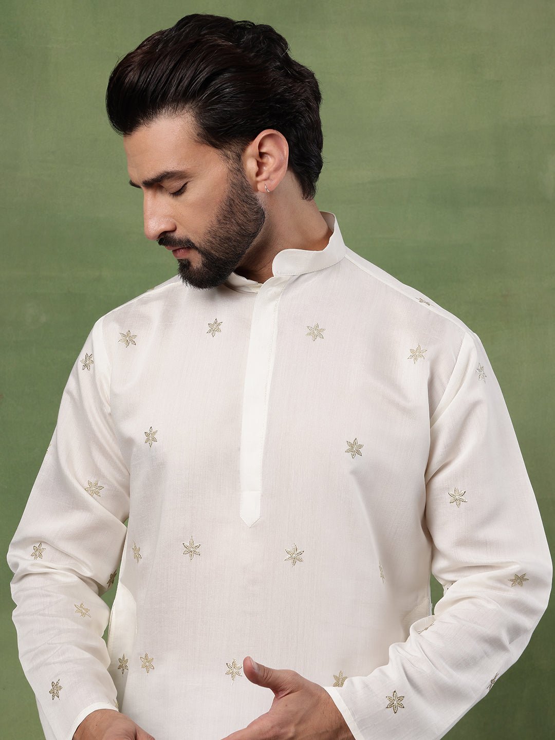 Men's Cotton Floral Zari Embroidered Cream Long Kurta - Image 6