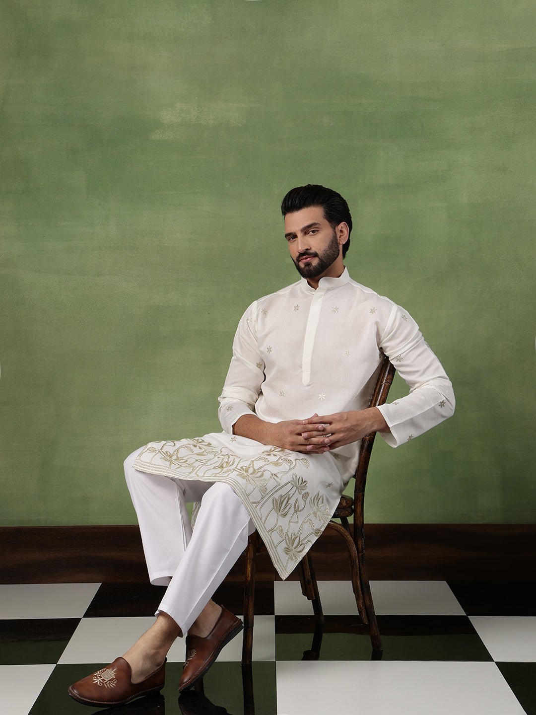 Men's Cotton Floral Zari Embroidered Cream Long Kurta - Image 5