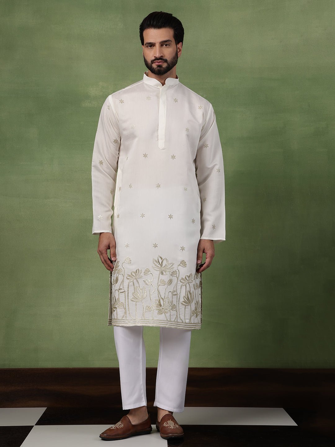 Men's Cotton Floral Zari Embroidered Cream Long Kurta - Image 3