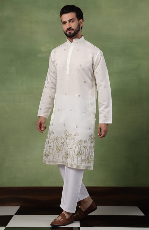 Men's Cotton Floral Zari Embroidered Cream Kurta and White Pyjama