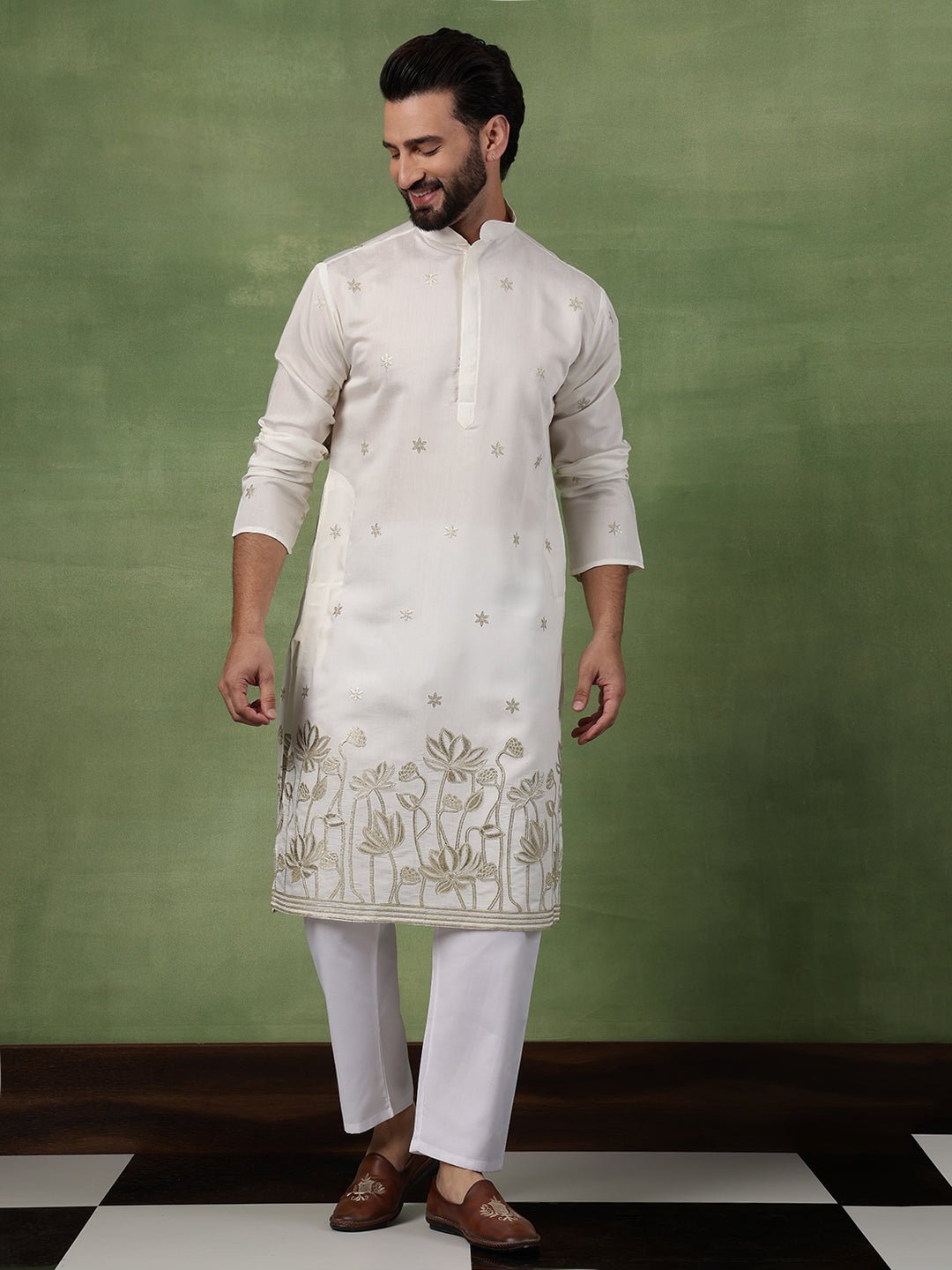 Men's Cotton Floral Zari Embroidered Cream Kurta and White Pyjama - Image 4