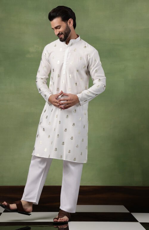 Men's Cotton Golden Floral Motif Print White Kurta With Pyjama