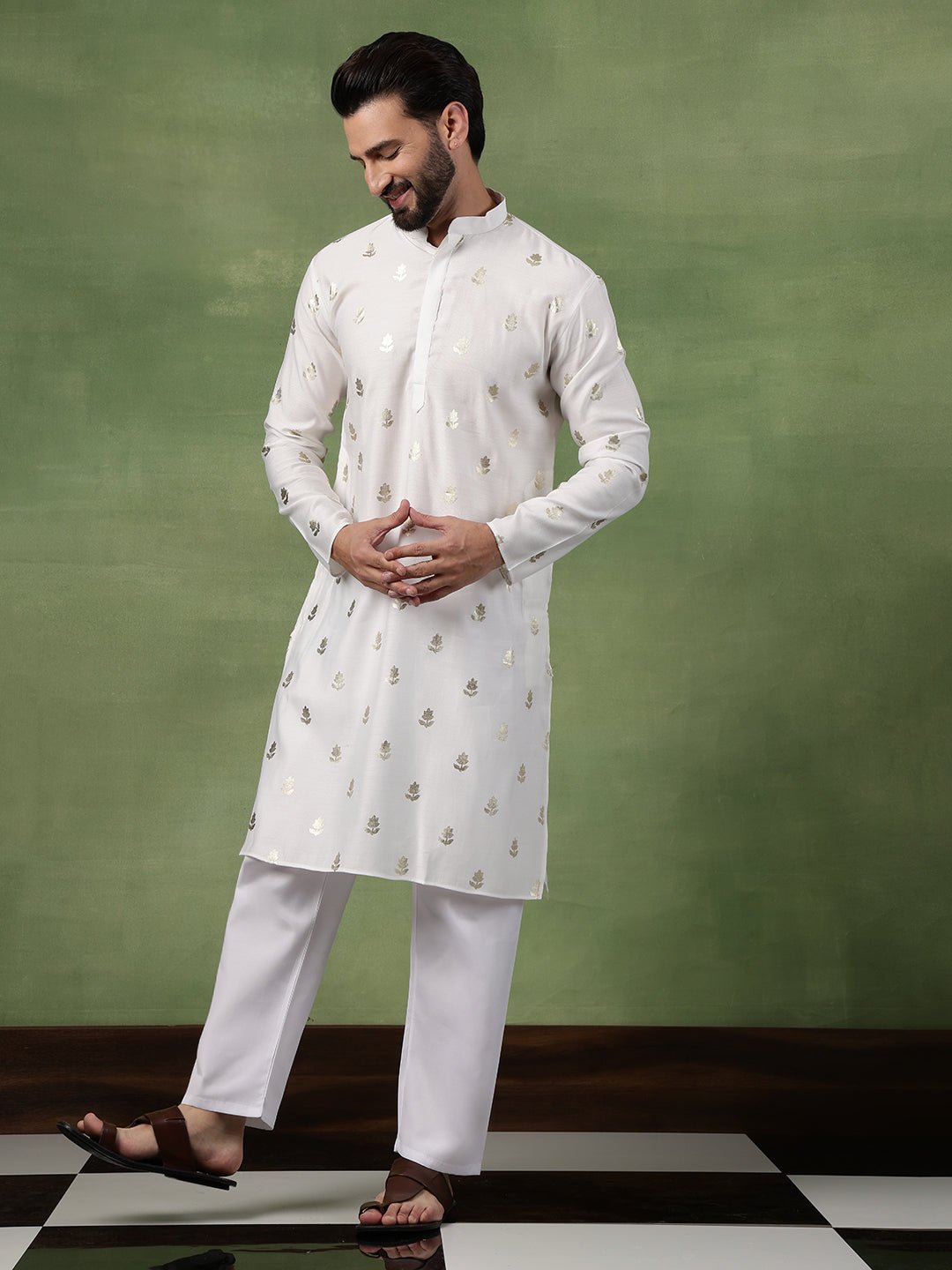 Men's Cotton Golden Floral Motif Print White Kurta With Pyjama