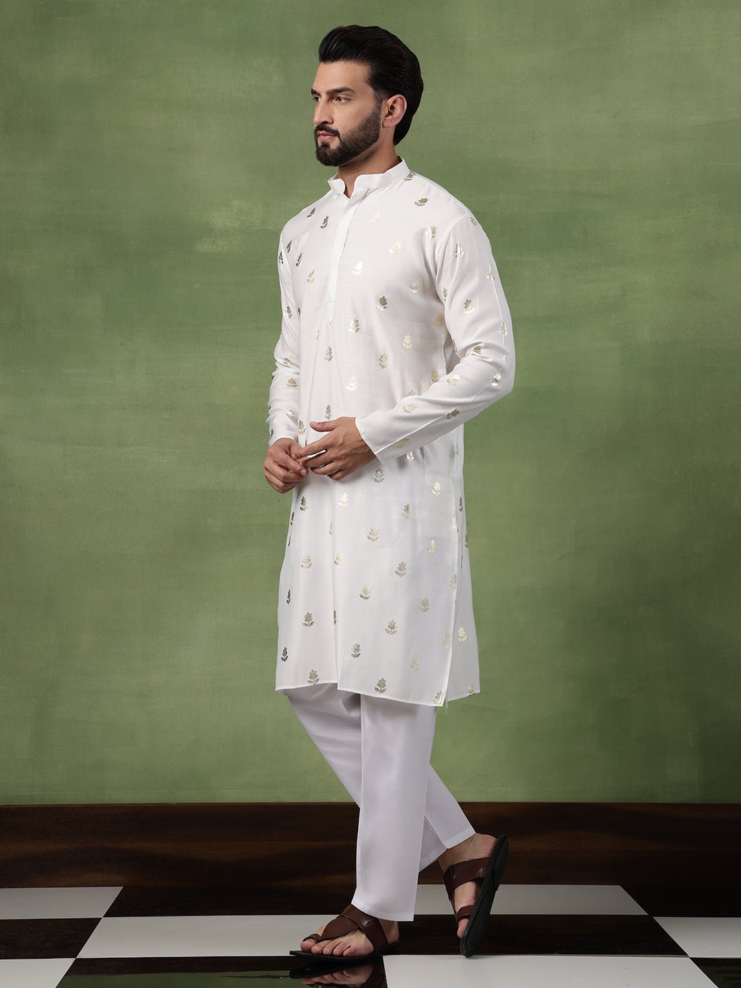 Men's Cotton Golden Floral Motif Print White Kurta With Pyjama - Image 4