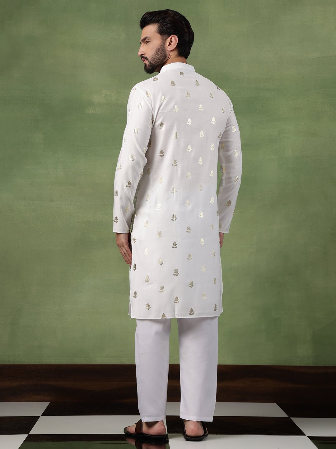 Men's Cotton Golden Floral Motif Print White Kurta With Pyjama - Image 5