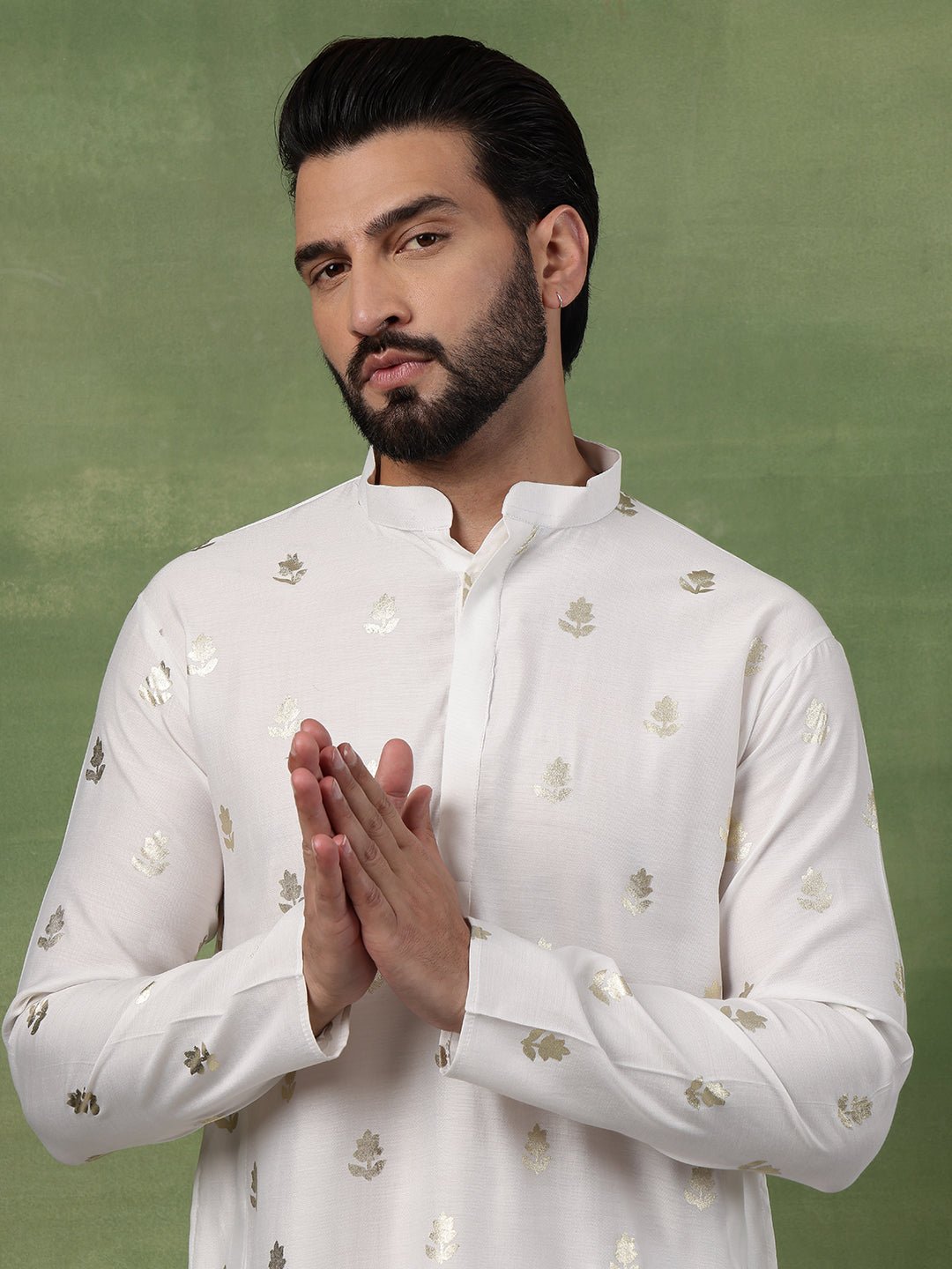Men's Cotton Golden Floral Motif Print White Kurta With Pyjama - Image 6