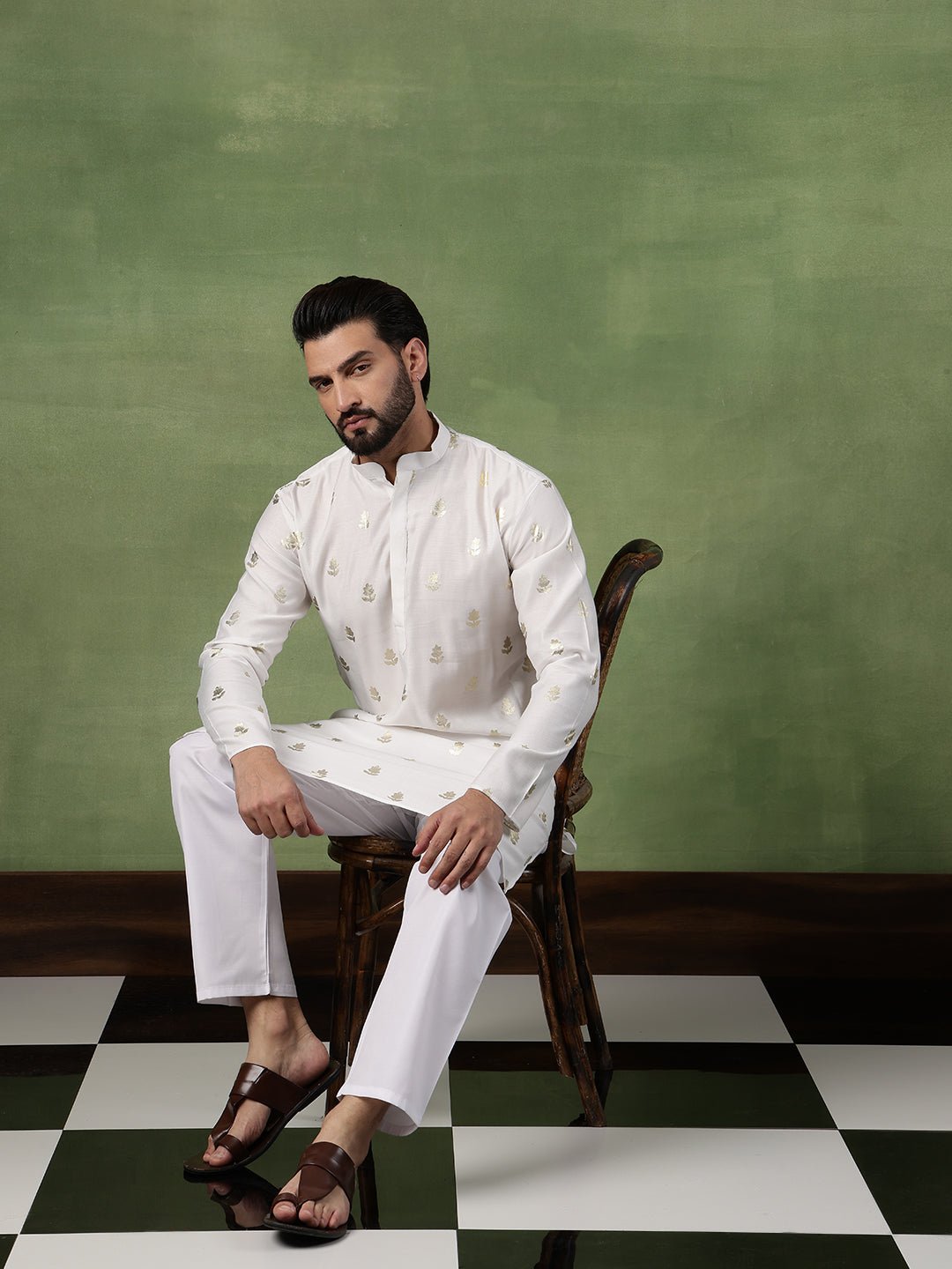 Men's Cotton Golden Floral Motif Print White Kurta With Pyjama - Image 2