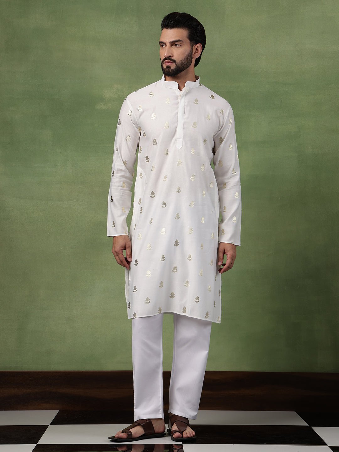 Men's Cotton Golden Floral Motif Print White Kurta With Pyjama - Image 3