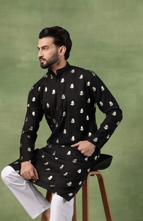 Men's Cotton Black Long Kurta with Golden Floral Motif Print