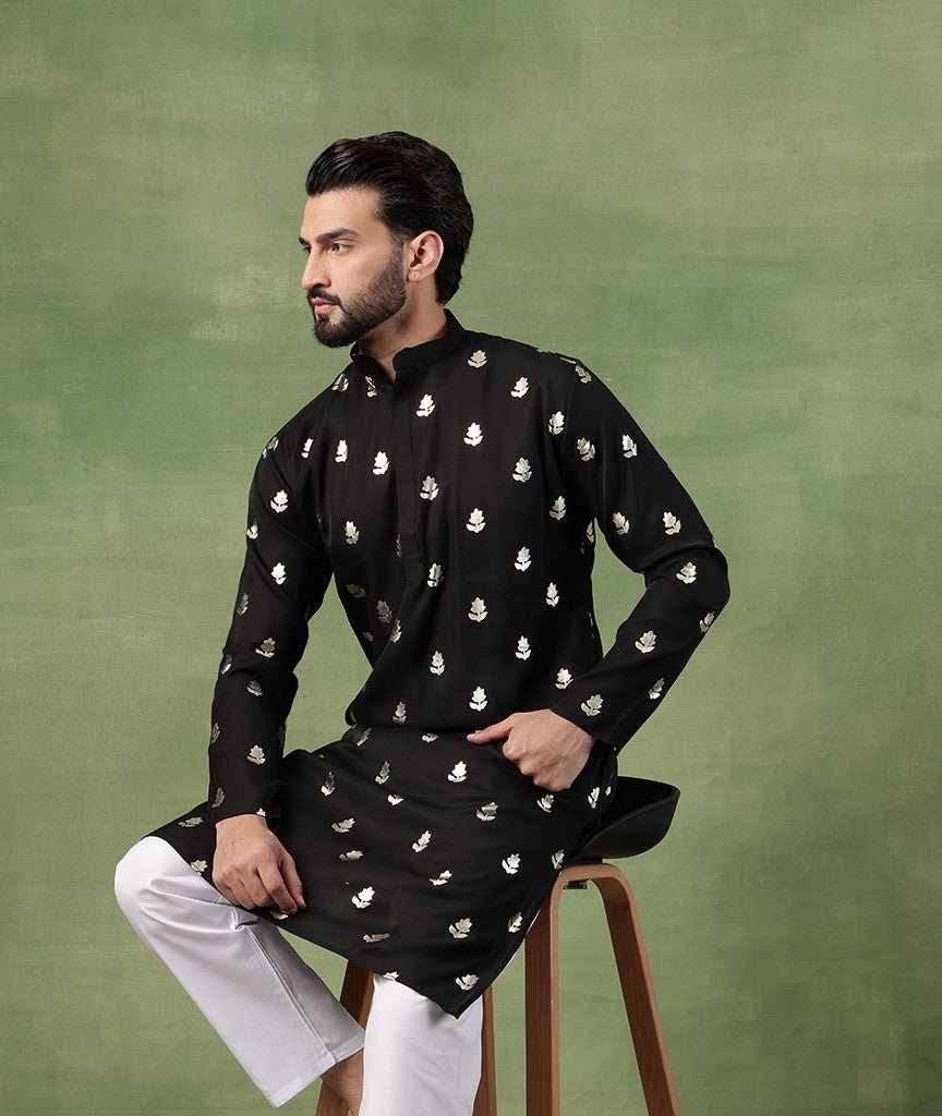 Men's Cotton Black Long Kurta with Golden Floral Motif Print