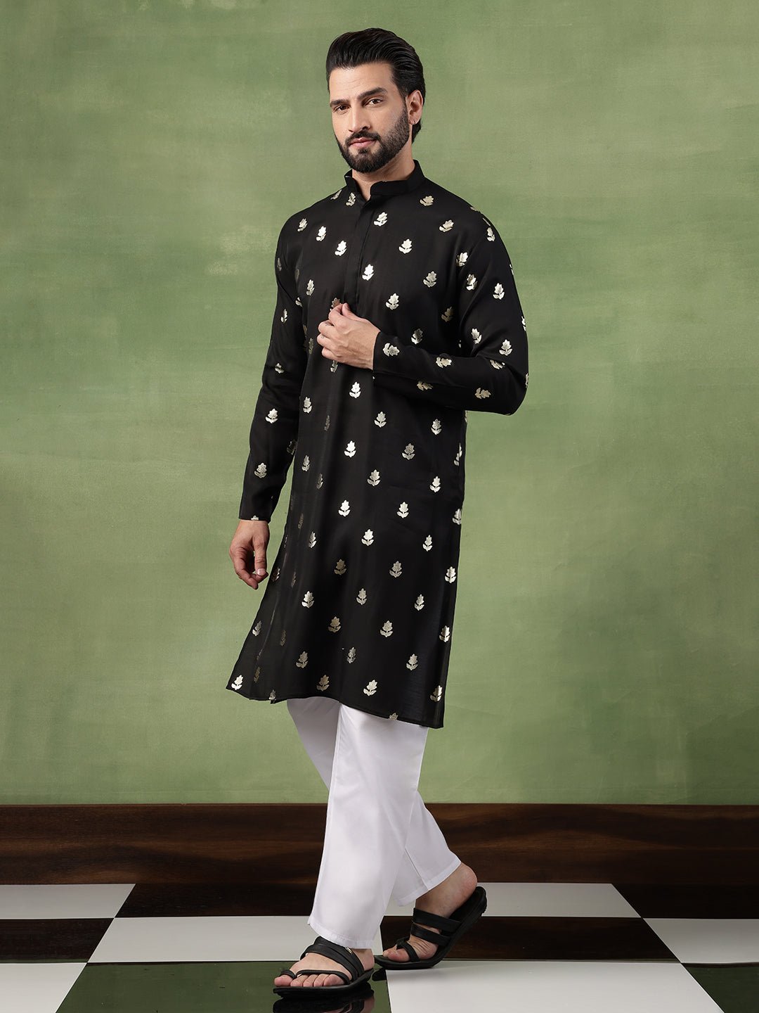Men's Cotton Black Long Kurta with Golden Floral Motif Print - Image 5