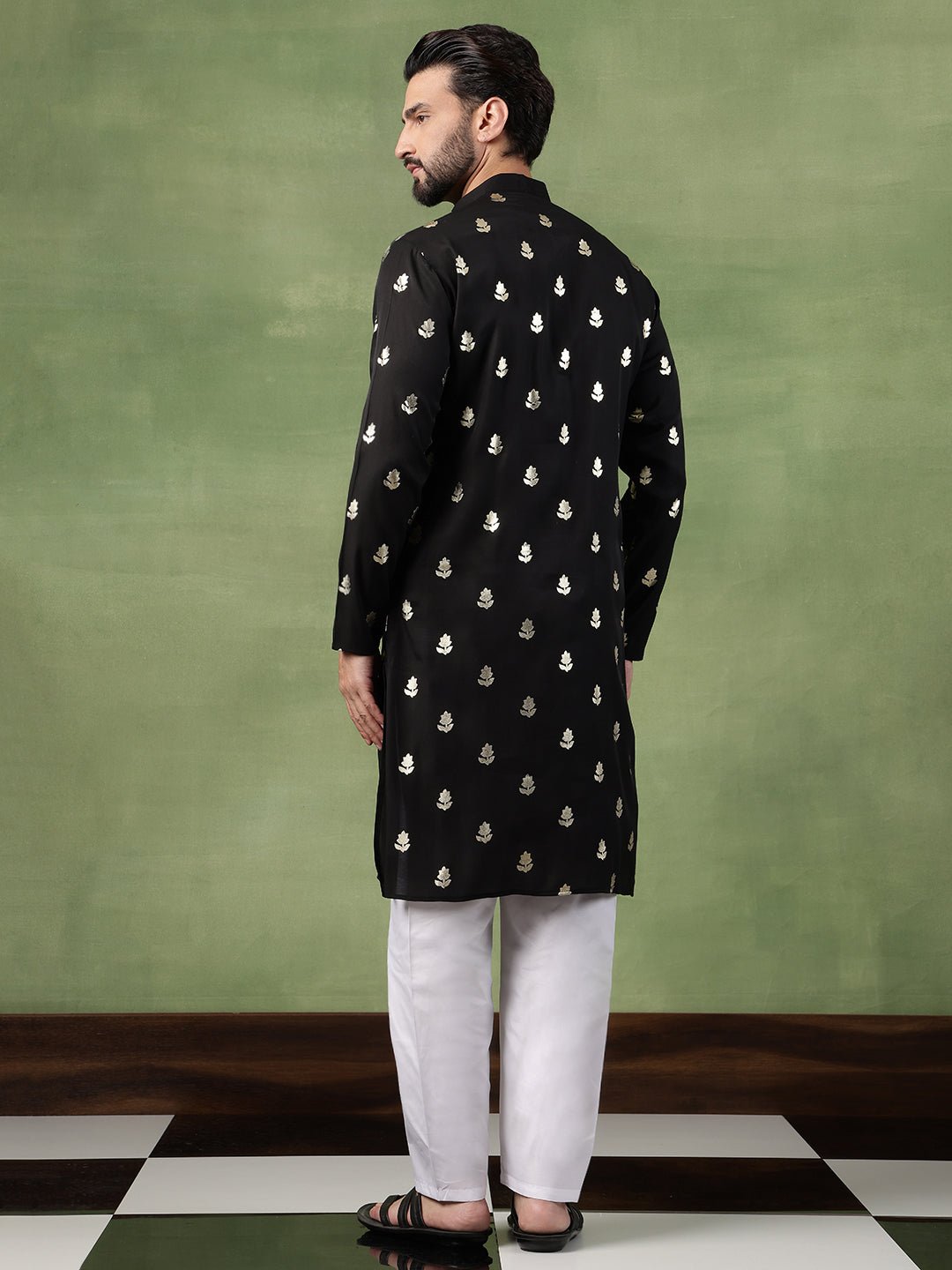 Men's Cotton Black Long Kurta with Golden Floral Motif Print - Image 4