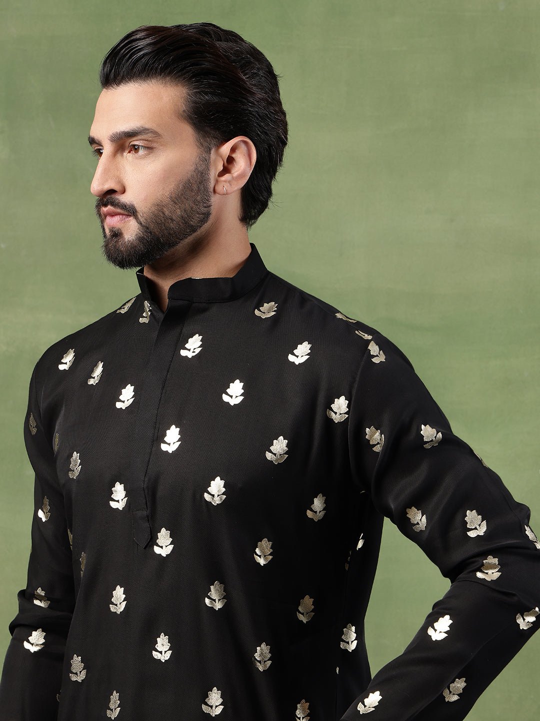 Men's Cotton Black Long Kurta with Golden Floral Motif Print - Image 6