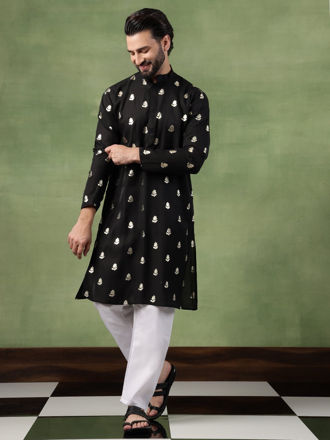 Men's Cotton Black Long Kurta with Golden Floral Motif Print - Image 2