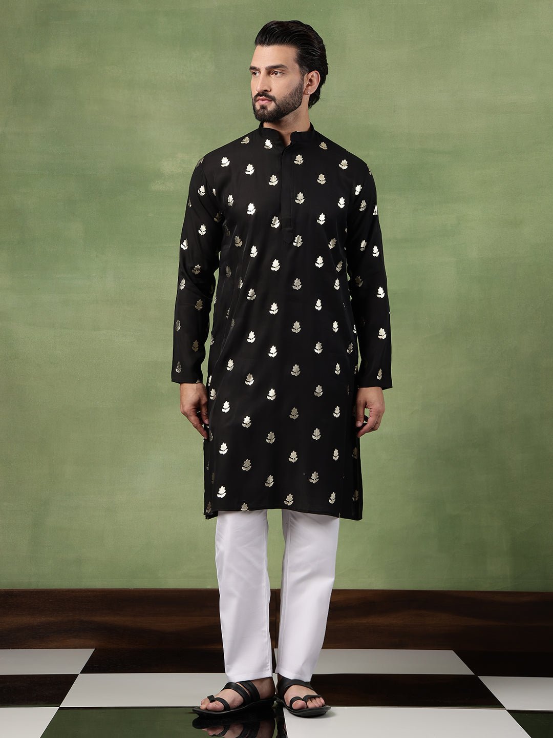 Men's Cotton Black Long Kurta with Golden Floral Motif Print - Image 3