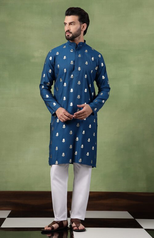 Men's Cotton Golden Floral Motif Print Blue Kurta With White Pyjama