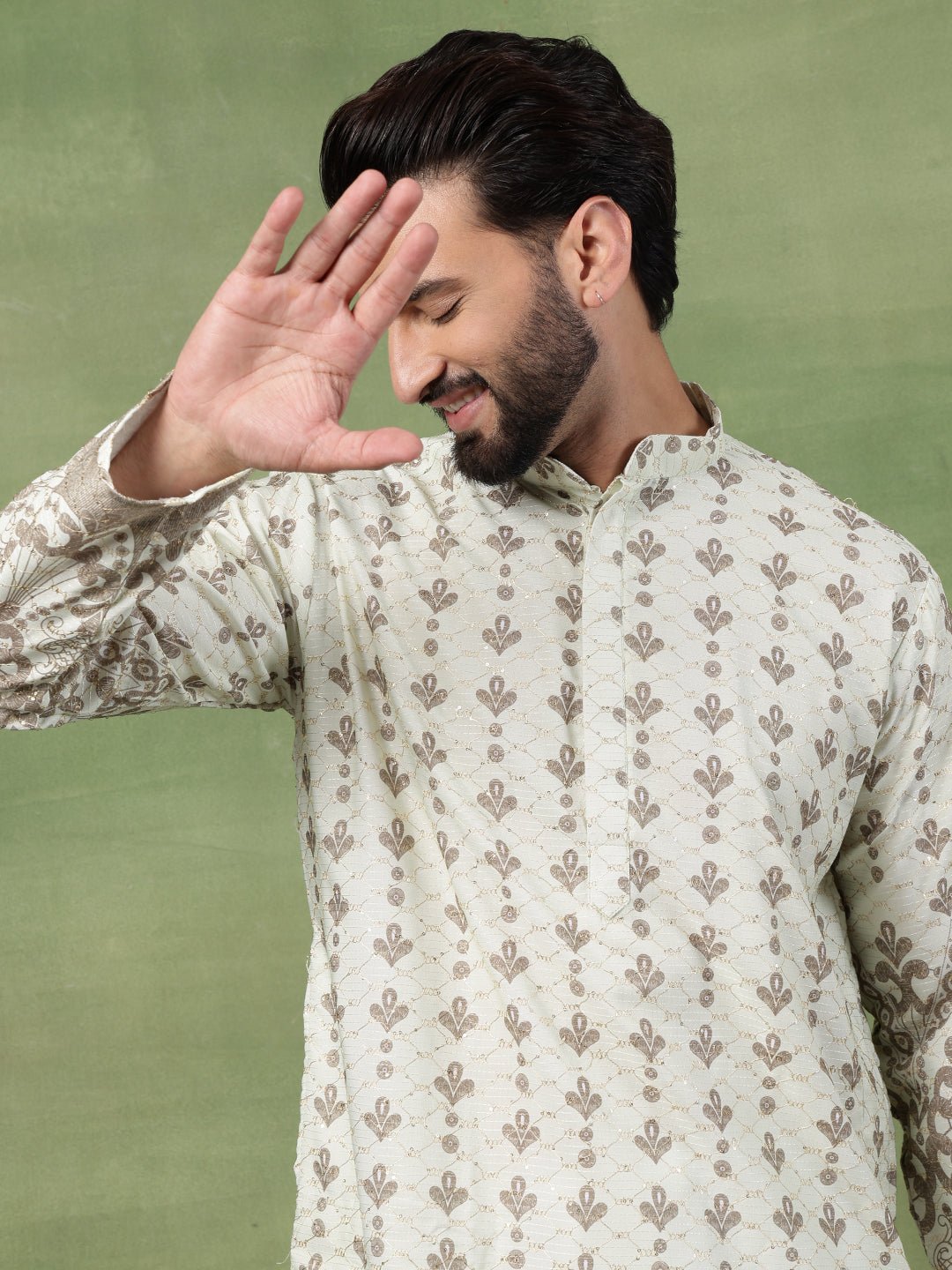 Men's Cotton Krochet Zari Embroidered Light Green Long Kurta - Image 4