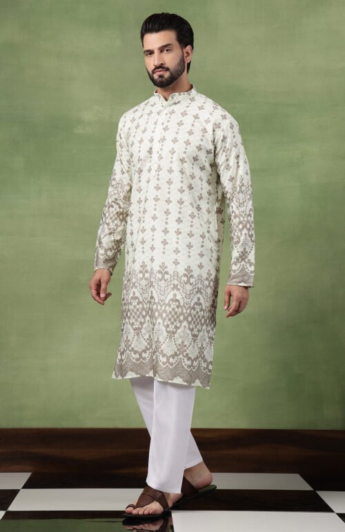 Men's Cotton Krochet Zari Embroidered Light Green Long Kurta