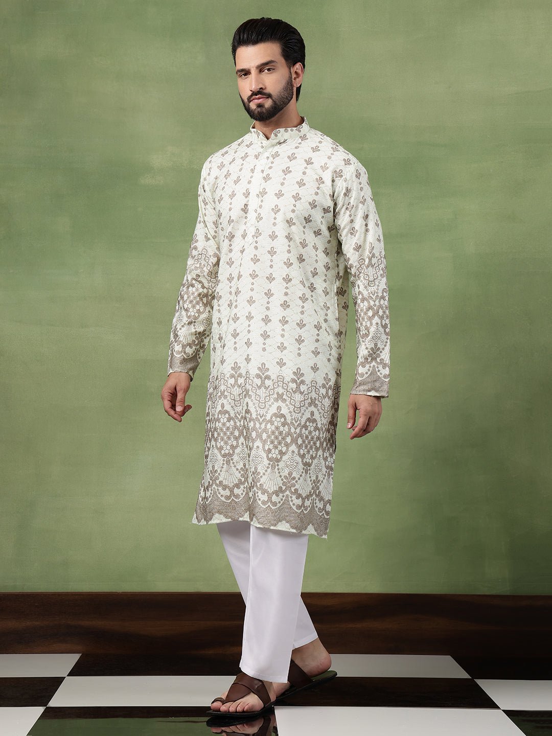Men's Cotton Krochet Zari Embroidered Light Green Long Kurta