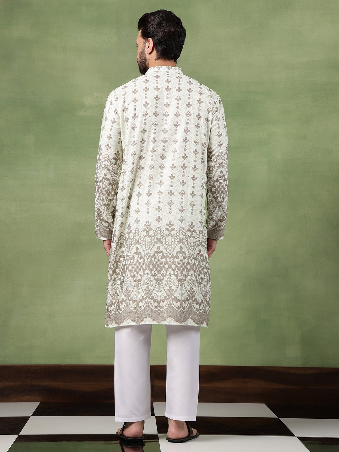 Men's Cotton Krochet Zari Embroidered Light Green Long Kurta - Image 5