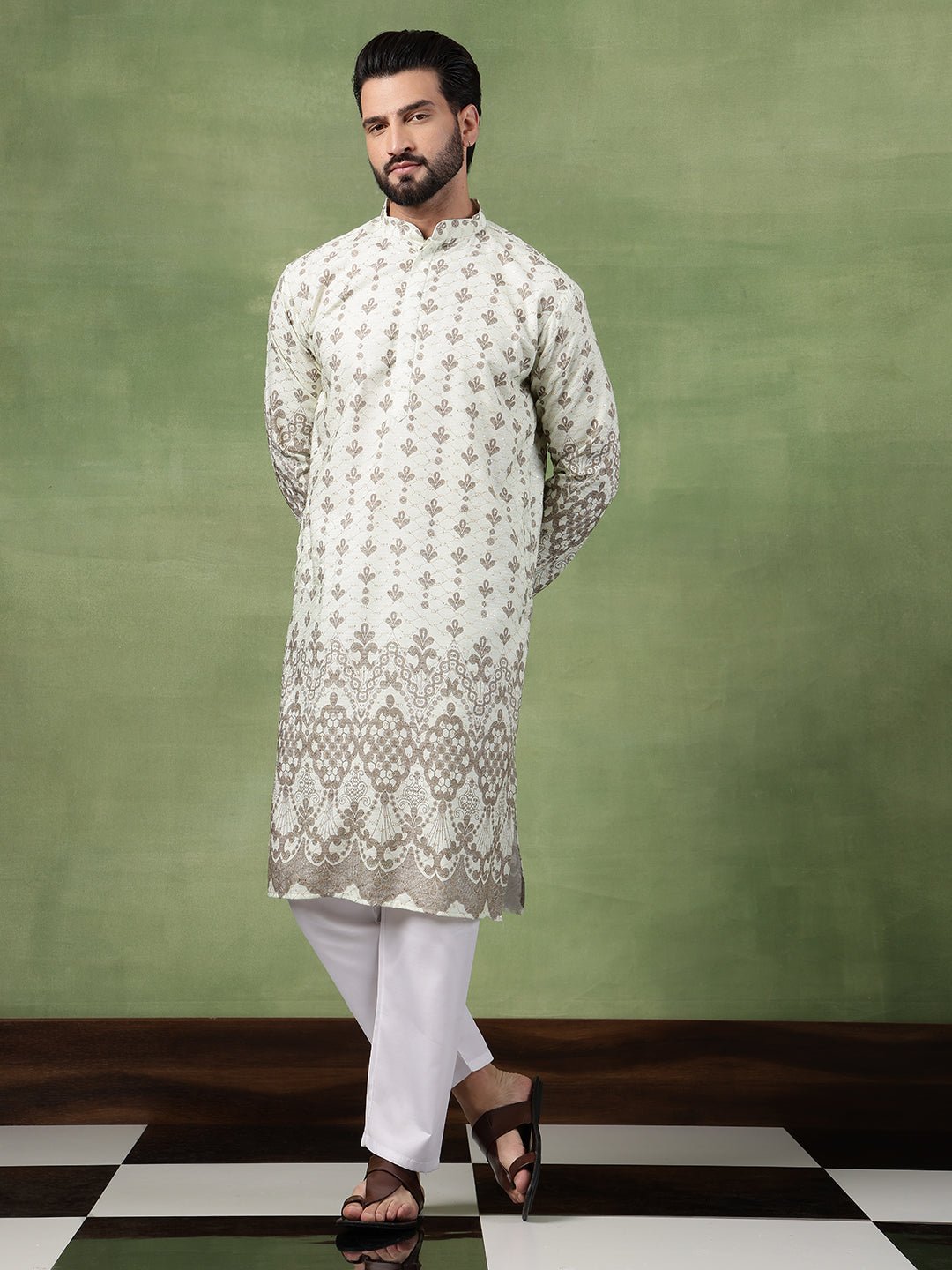 Men's Cotton Krochet Zari Embroidered Light Green Long Kurta - Image 6