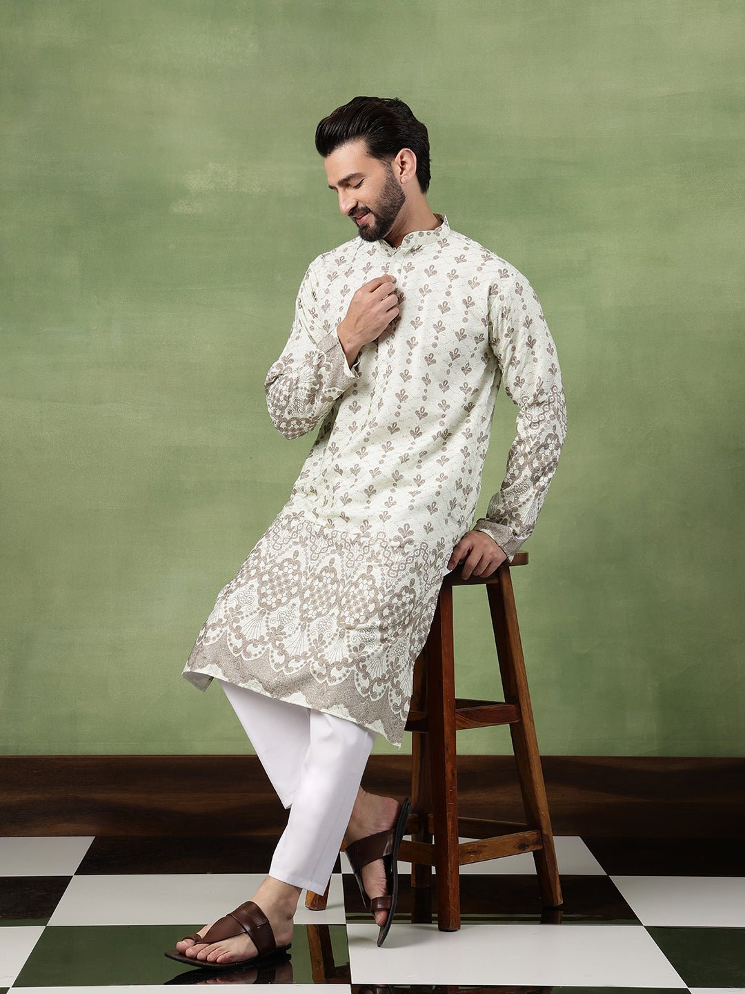 Men's Cotton Krochet Zari Embroidered Light Green Long Kurta - Image 2