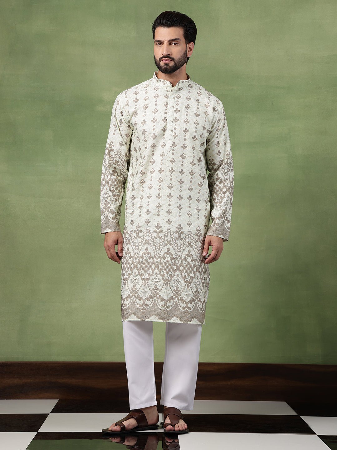 Men's Cotton Krochet Zari Embroidered Light Green Long Kurta - Image 3