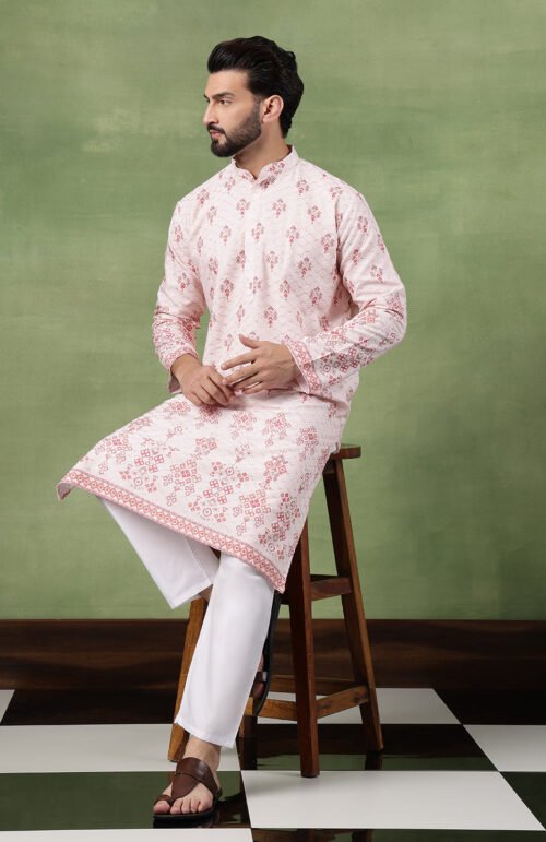 Men's Cotton Krochet Zari Embroidered Pink Kurta With Pyjama