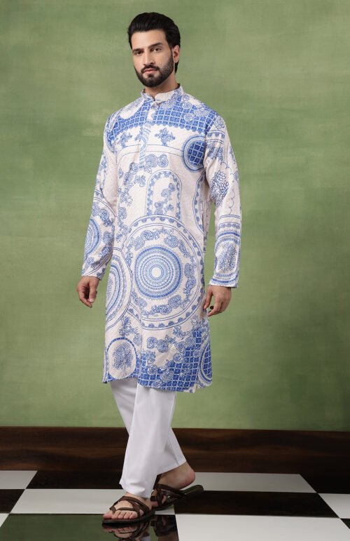 Men's Cotton Krochet Zari Embroidered Blue & Cream Kurta With Pyjama
