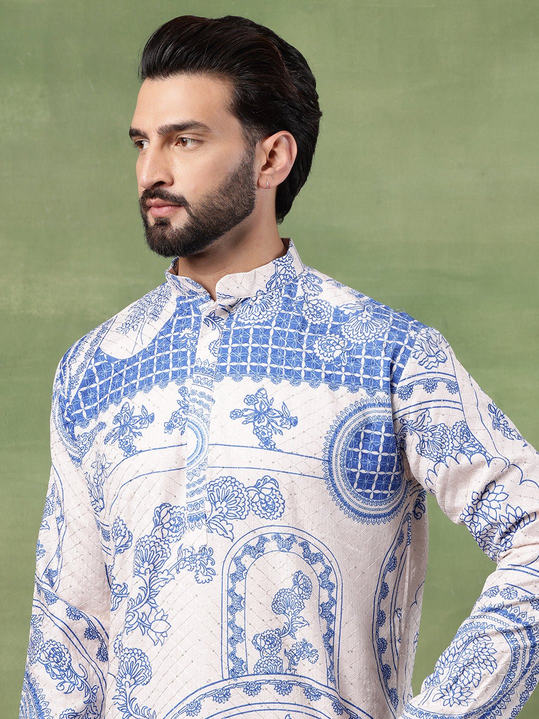 Men's Cotton Krochet Zari Embroidered Blue & Cream Long Kurta - Image 6