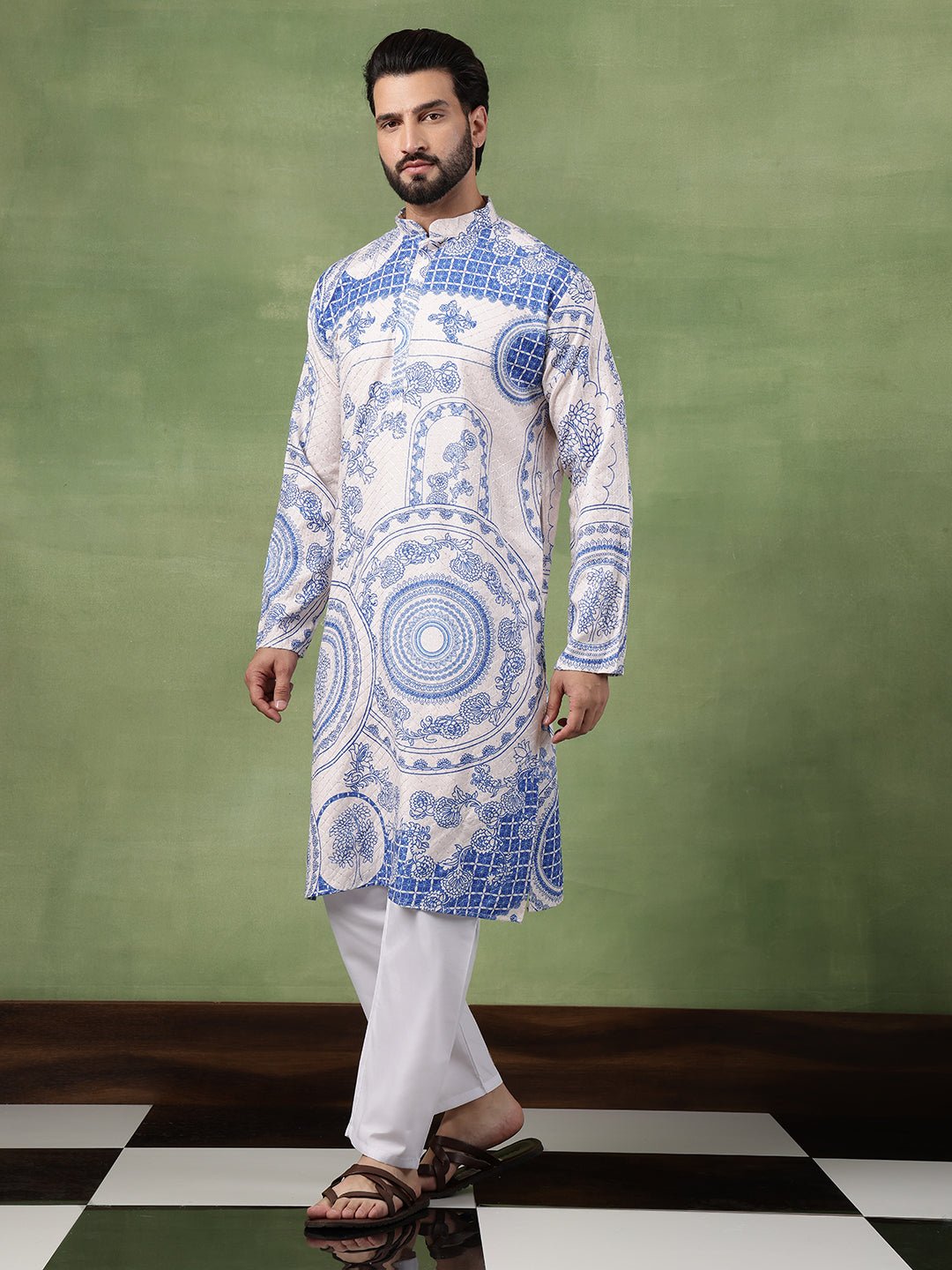 Men's Cotton Krochet Zari Embroidered Blue & Cream Long Kurta
