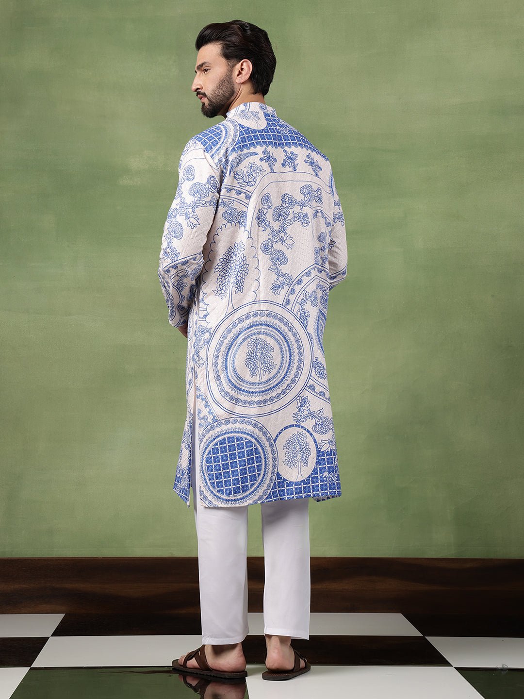 Men's Cotton Krochet Zari Embroidered Blue & Cream Long Kurta - Image 3