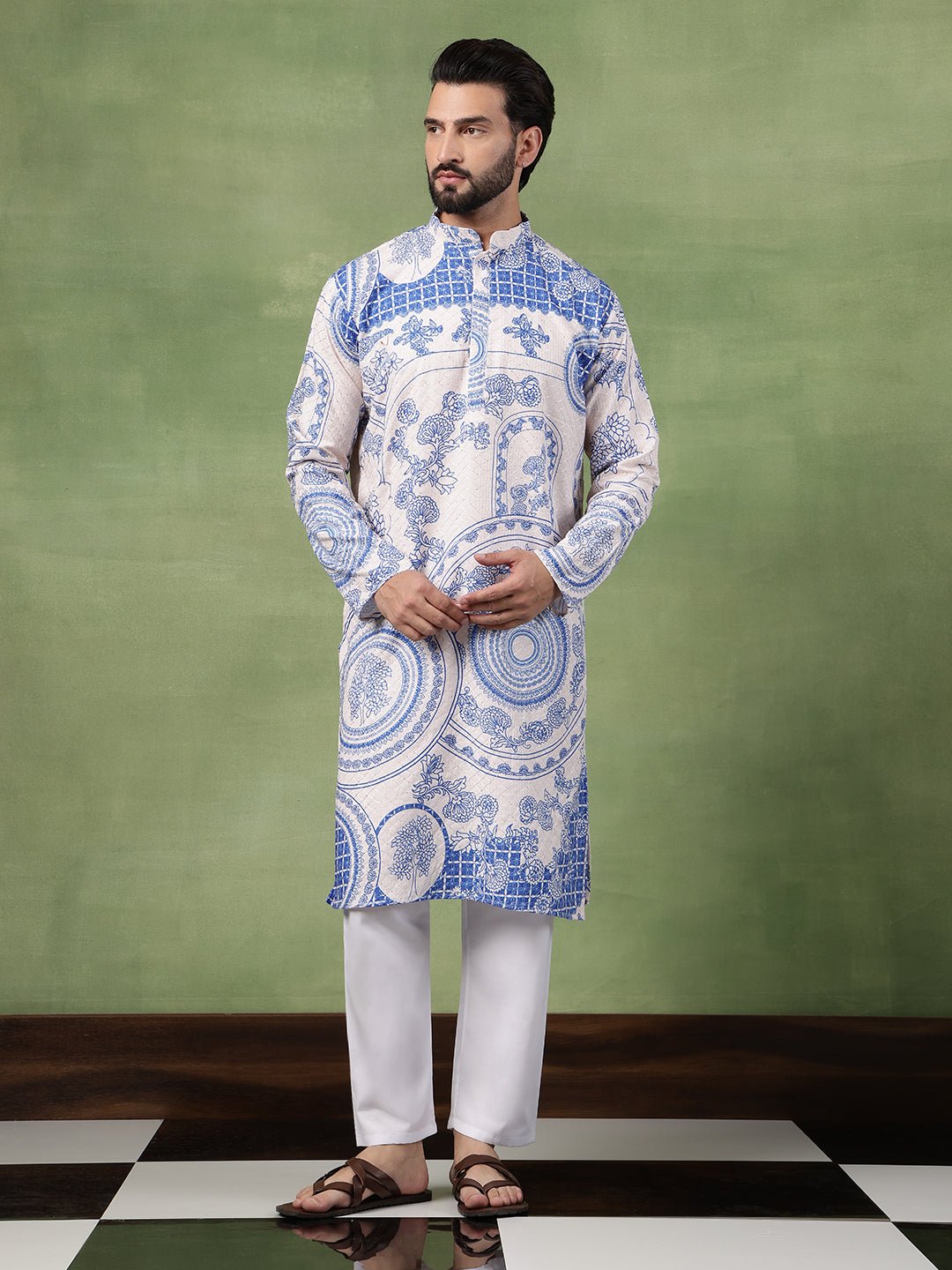 Men's Cotton Krochet Zari Embroidered Blue & Cream Long Kurta - Image 5