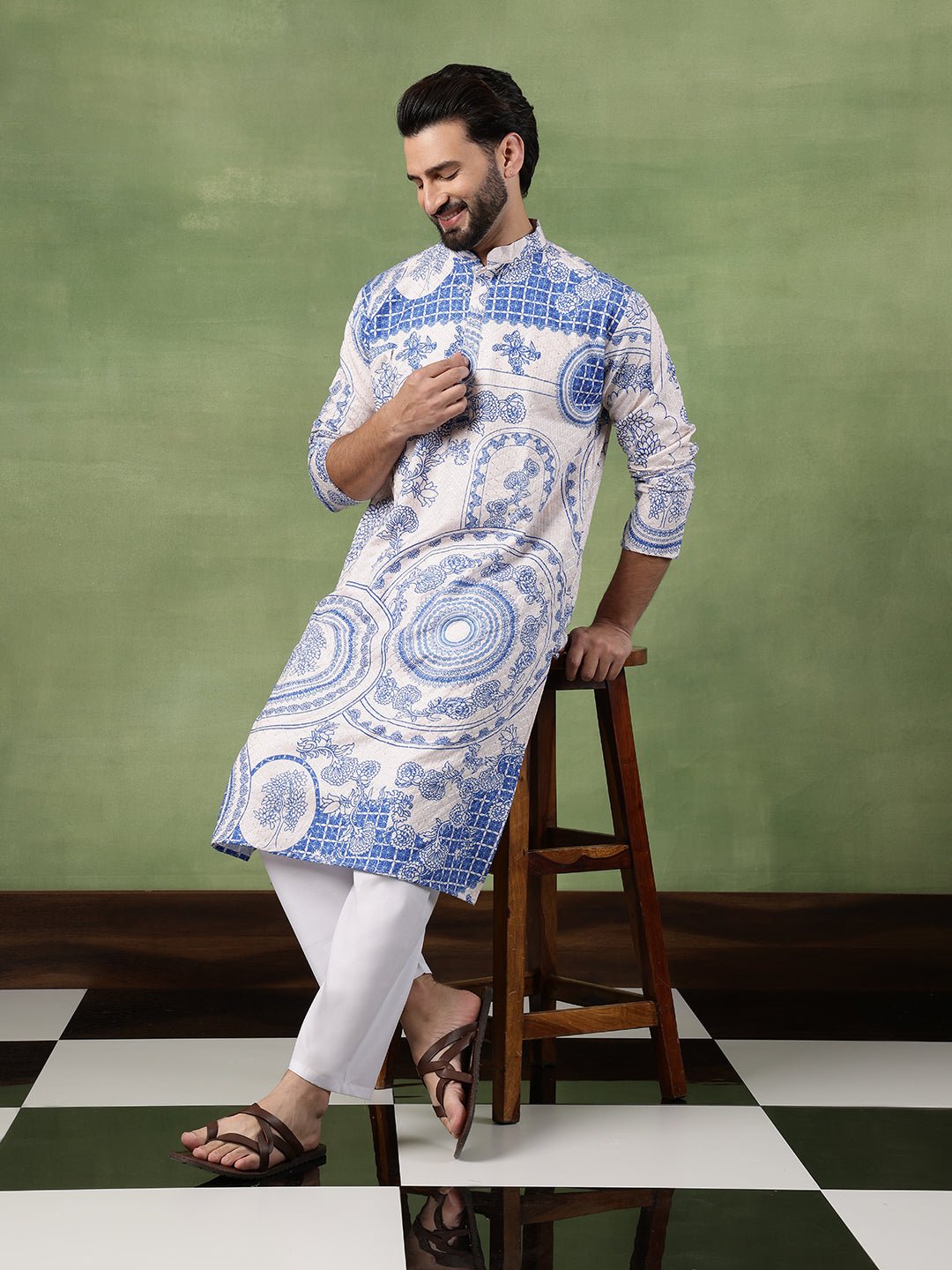 Men's Cotton Krochet Zari Embroidered Blue & Cream Long Kurta - Image 4