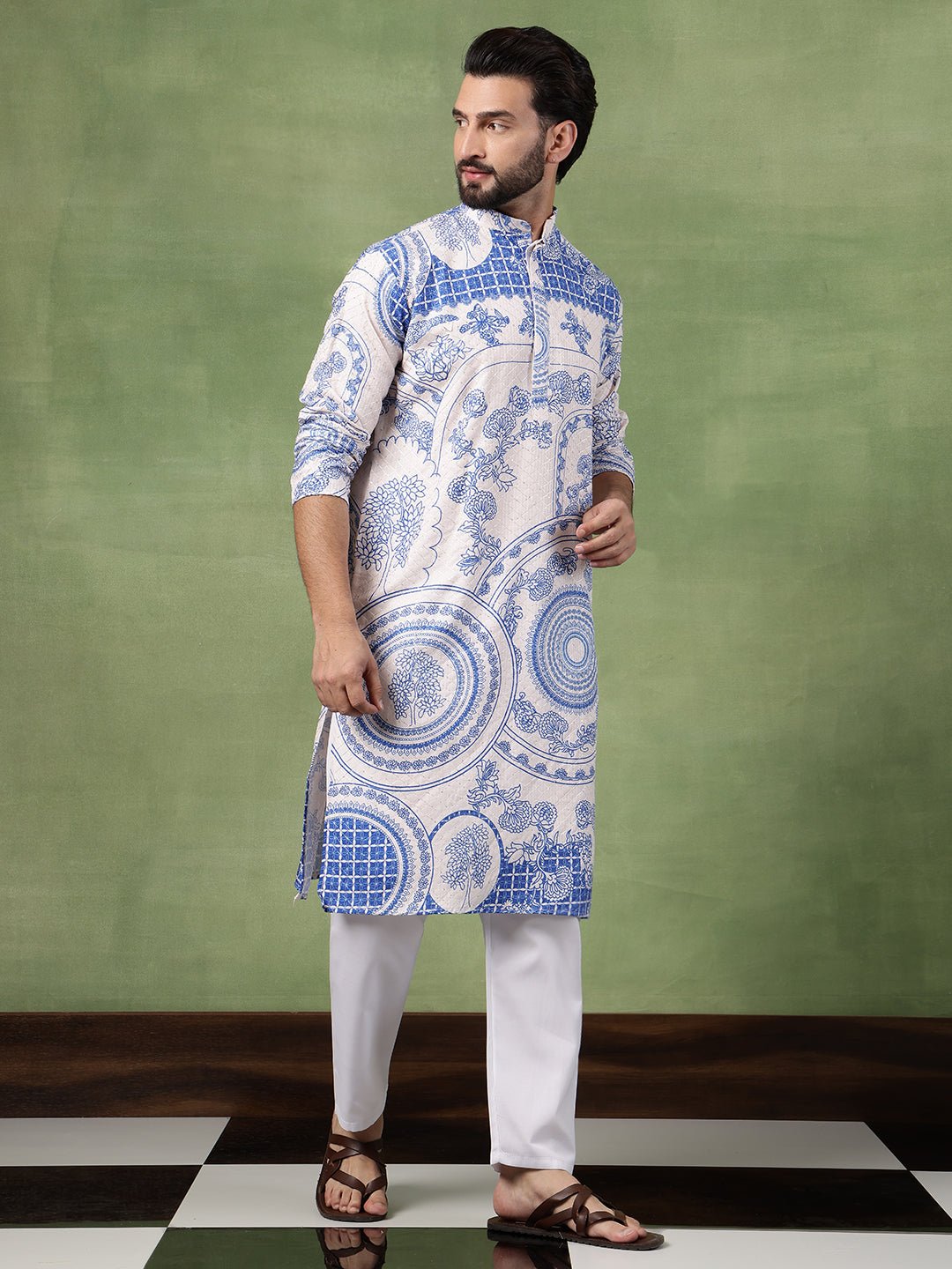 Men's Cotton Krochet Zari Embroidered Blue & Cream Long Kurta - Image 2