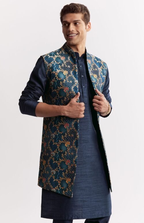 Blue Silk Printed Jacket Kurta Set With Floral Motifs