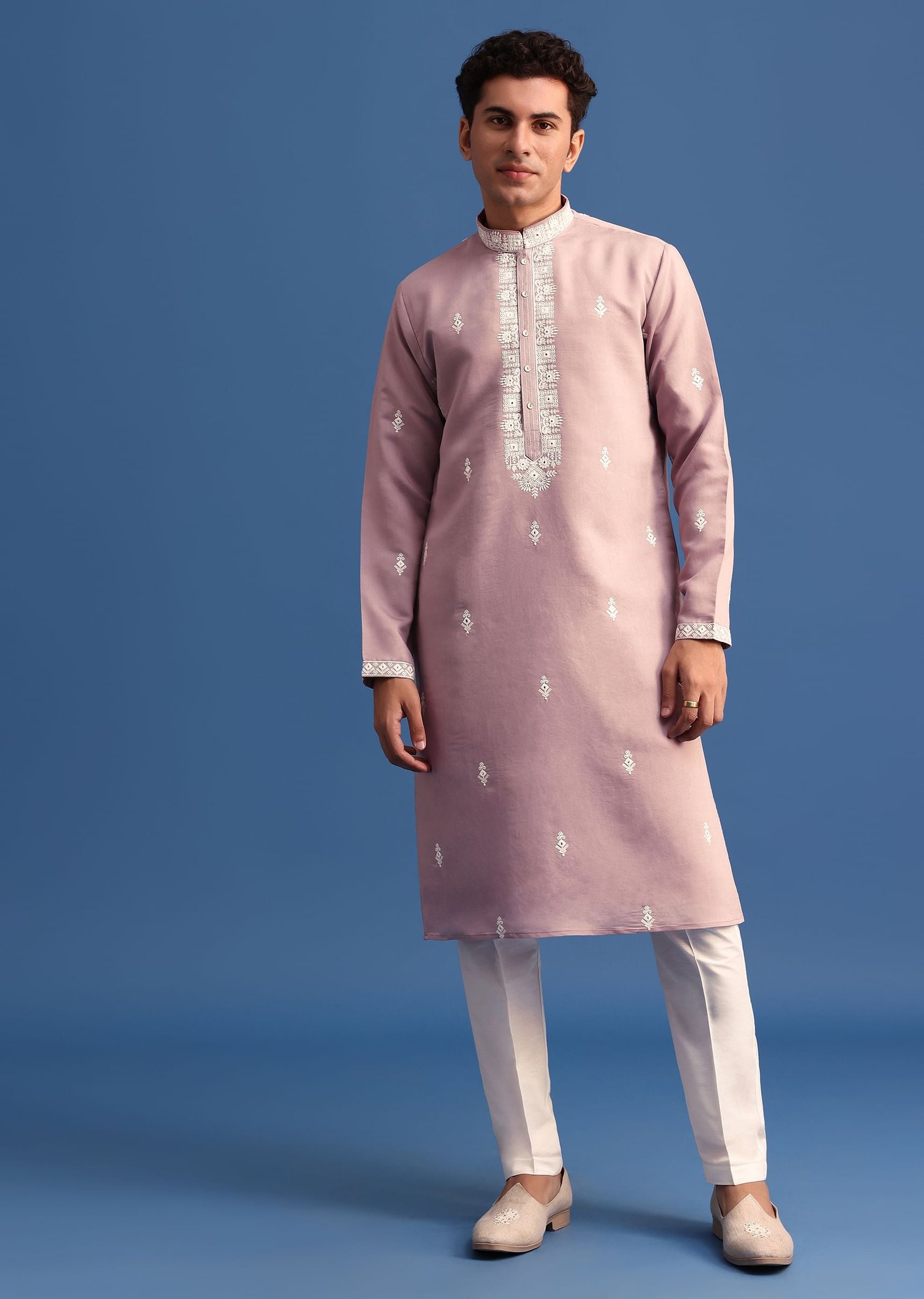 Purple Silk Resham Embroidered Kurta Set - Image 2